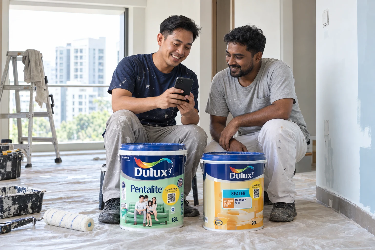 Dua pengecat tersenyum sambil melihat telefon di sebelah tin cat dan sealer Dulux.