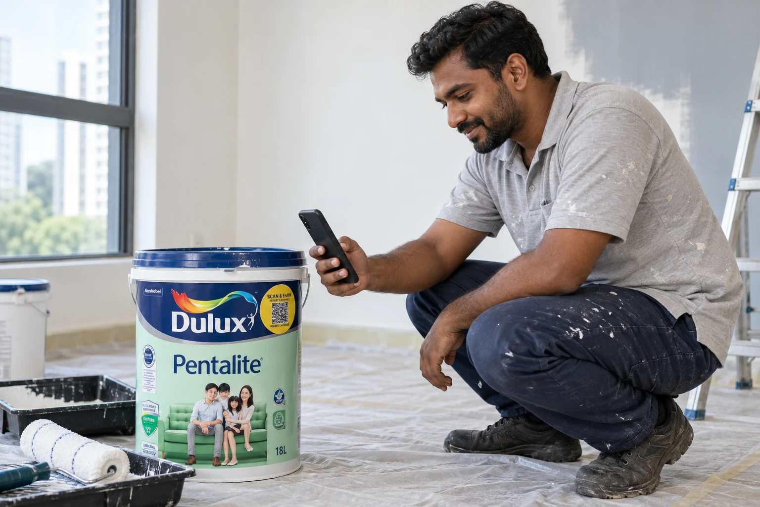 Seorang pengecat menggunakan telefon di sebelah tin Dulux Pentalite dengan label QR pulangan tunai.