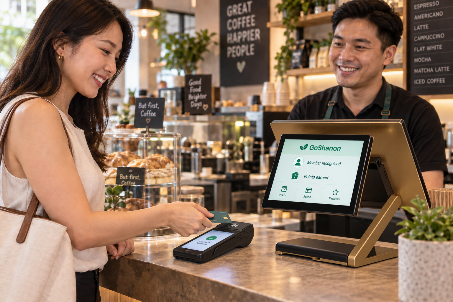 Shopper taps a card on an Adyen S1F2-style terminal beside an unbranded POS showing GoShanon member recognition.