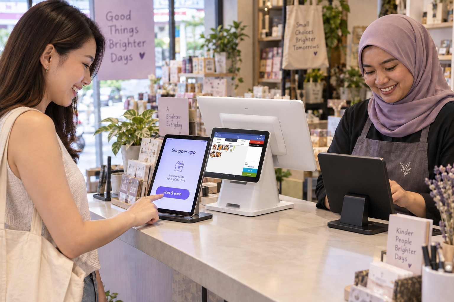 Shopper taps the Shopper app while a cashier verifies the member on another tablet beside an unbranded Qashier-style POS.
