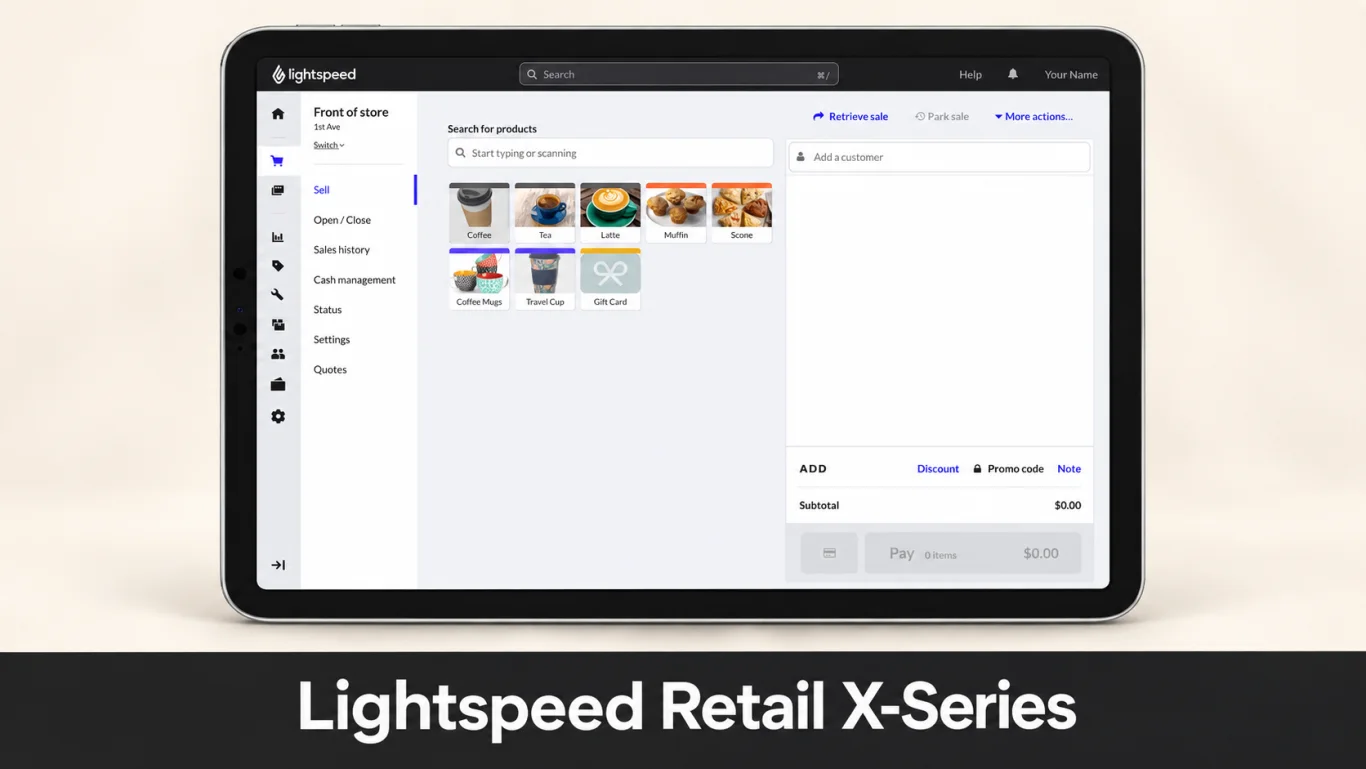 Lightspeed Retail X-Series 平板销售界面产品视觉图。
