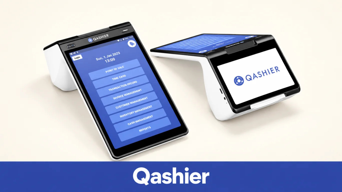 Official QashierX2 hardware reference, with an editorial studio background.