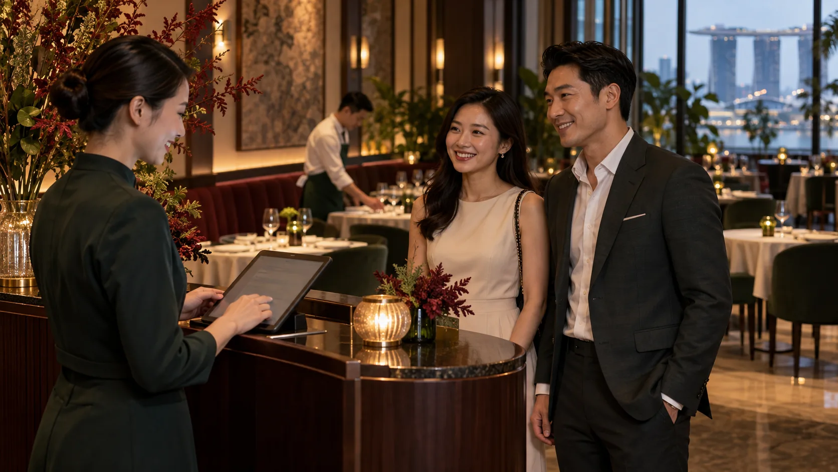 Restaurant host welcoming two guests while checking a tablet at the entrance