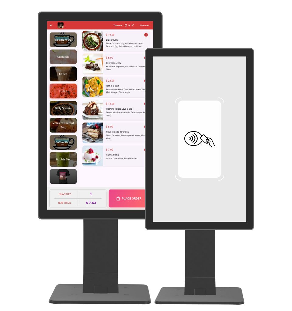 Rewardly Tab 14 kiosk product artwork showing ordering and contactless payment screens