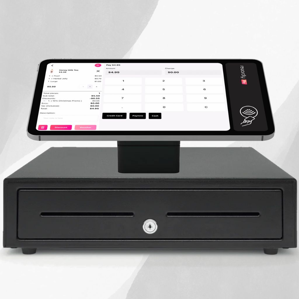 Rewardly staff-facing POS tablet and cash drawer product artwork